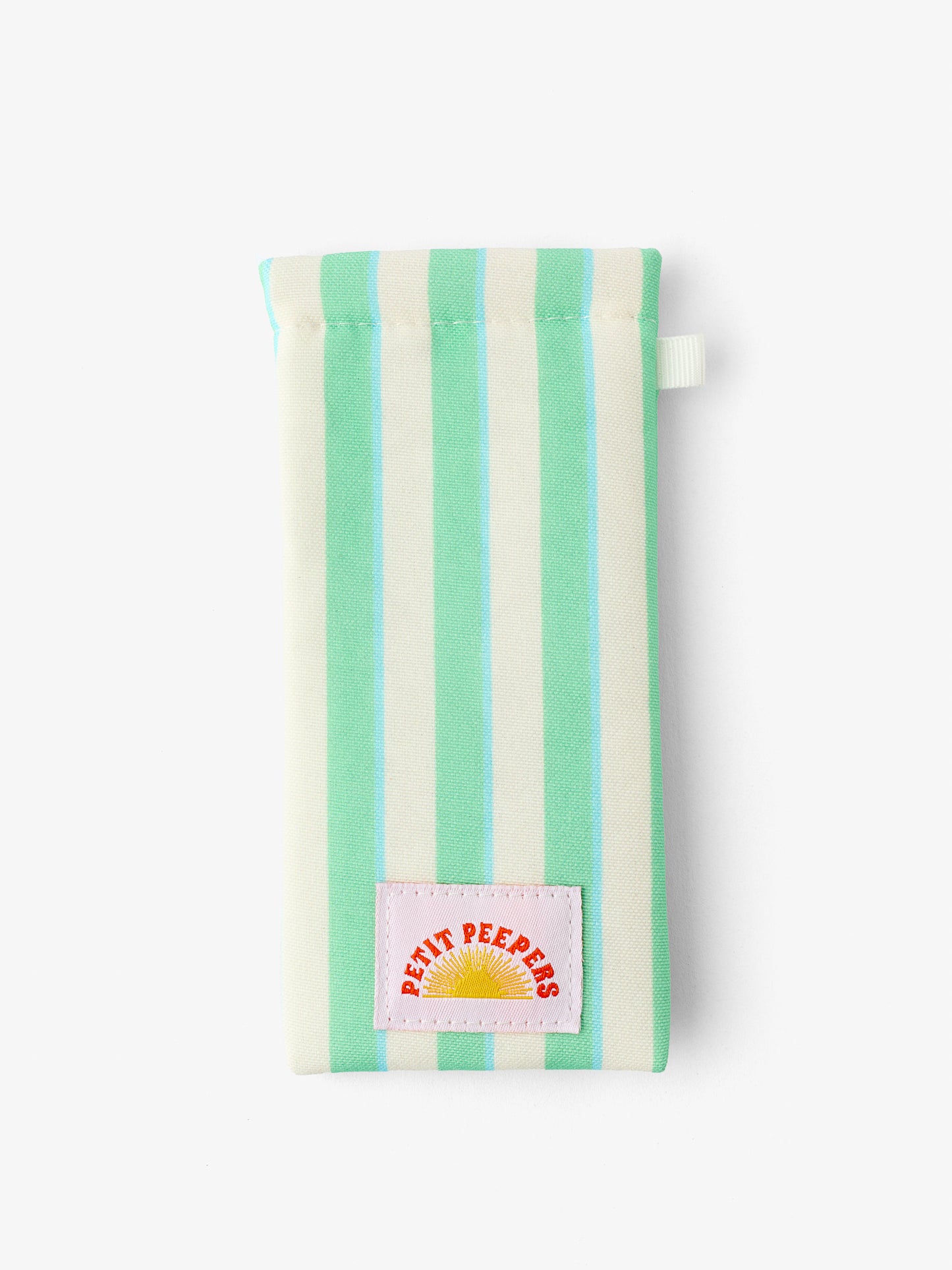 Green and white stripe baby sunglasses pouch case with Petit Peepers logo