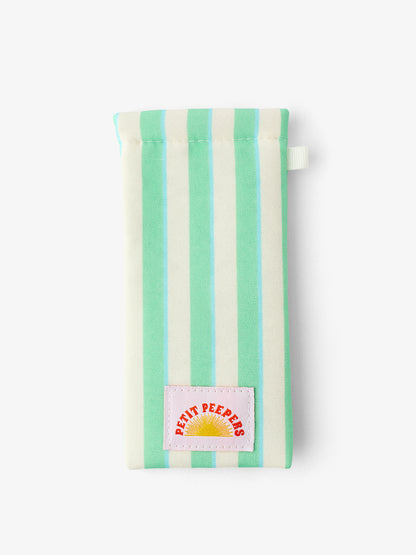 Green and white stripe baby sunglasses pouch case with Petit Peepers logo